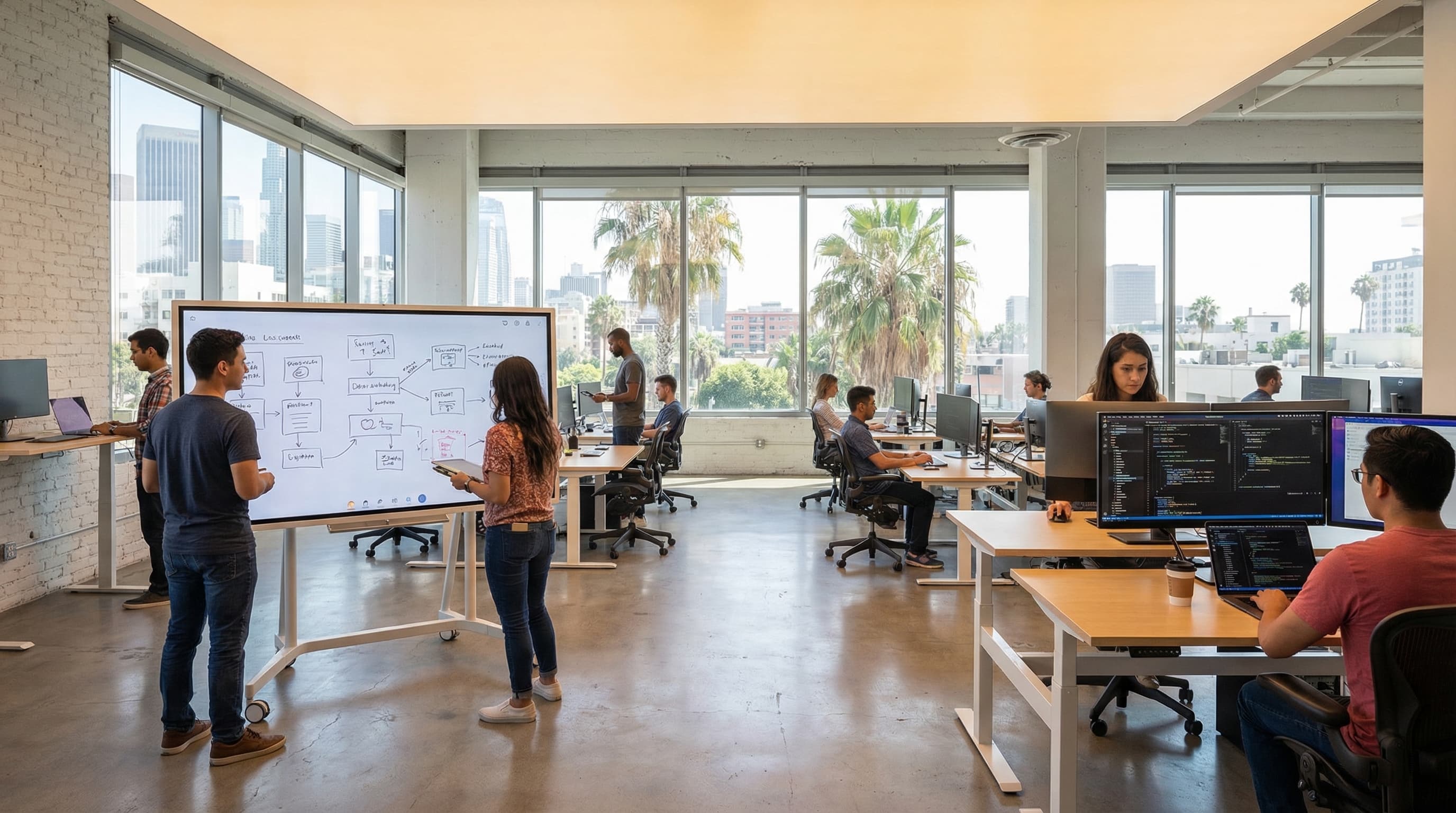Modern tech startup workspace in Los Angeles with standing desks, monitors, and collaborative areas with natural light