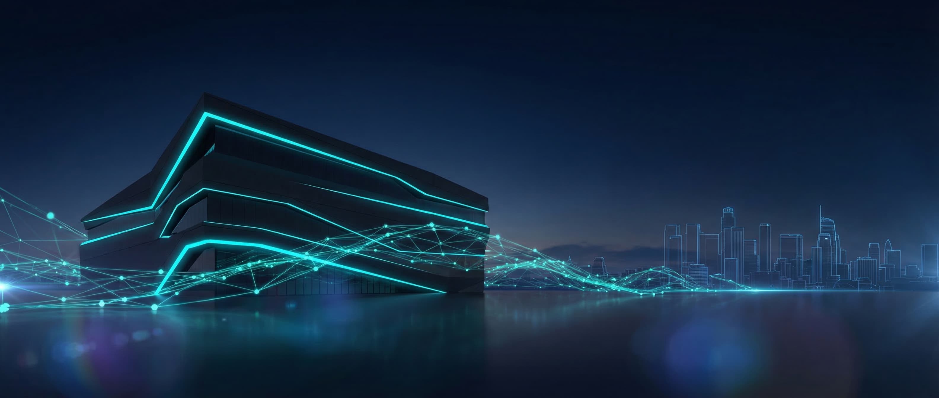 Abstract dark navy background with glowing elements representing verified commerce infrastructure