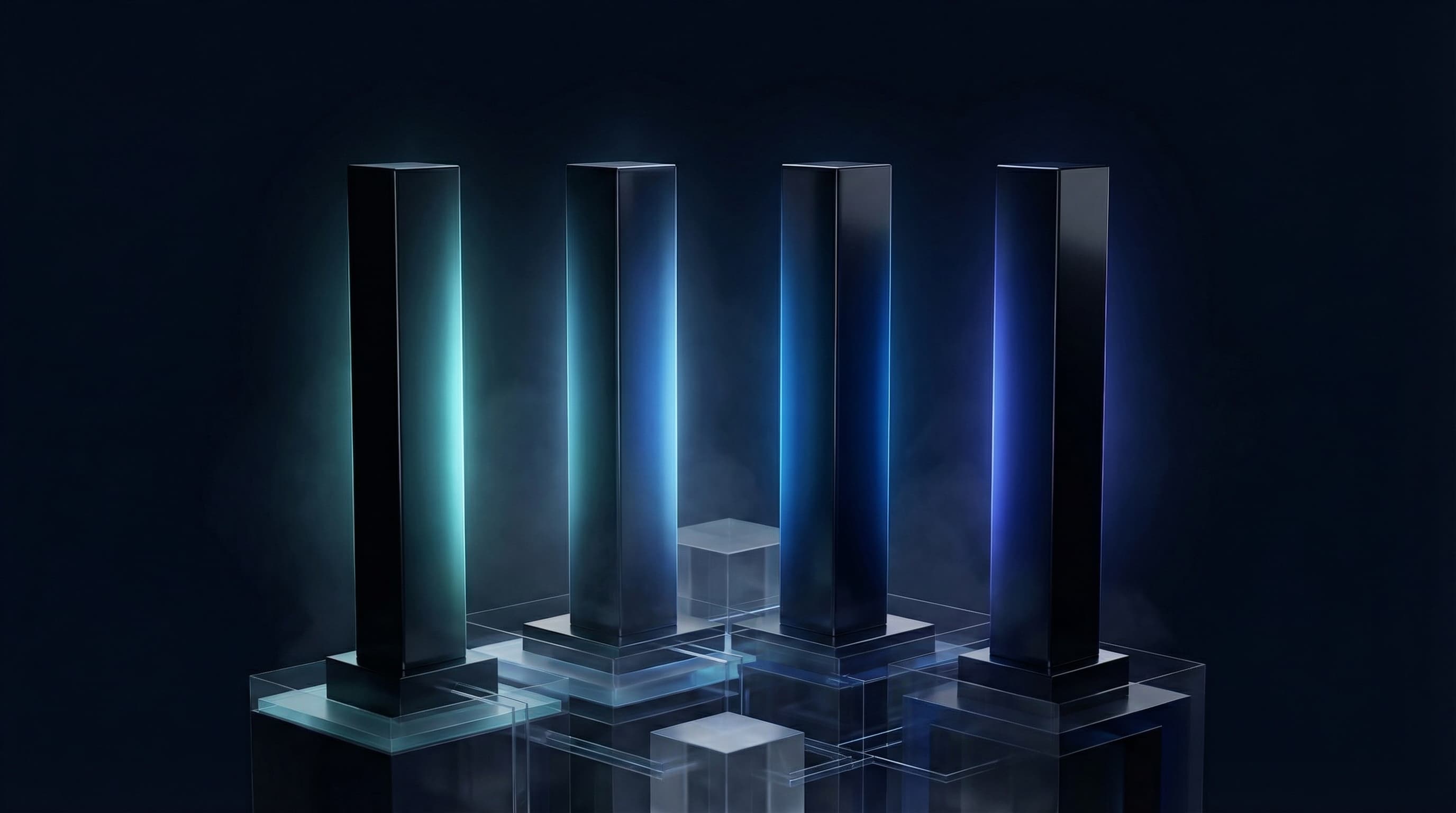 Abstract four illuminated pillars representing company values with geometric architectural forms