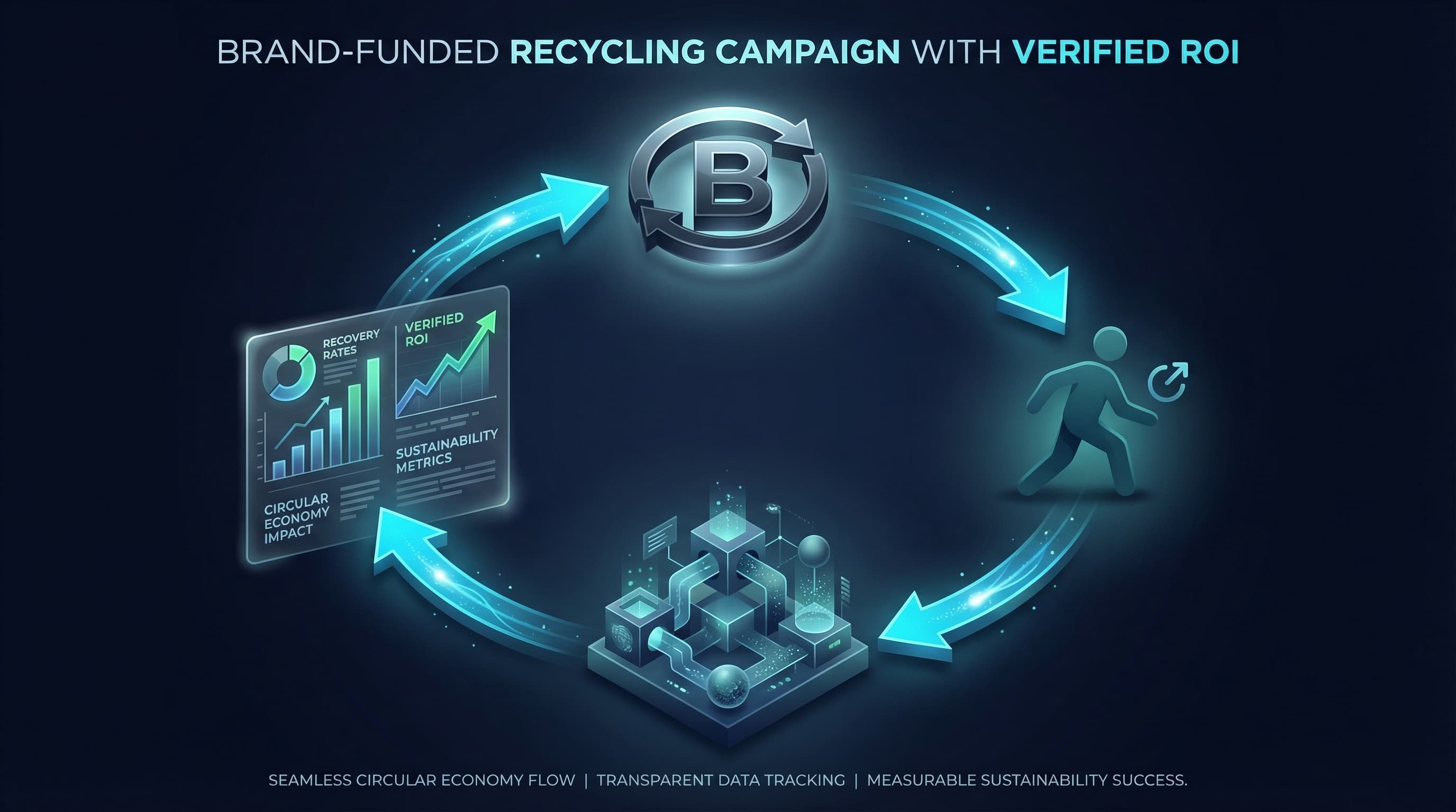 Abstract circular economy brand campaign flow showing four glowing nodes in a cycle representing brand, consumer, recycling center, and data report