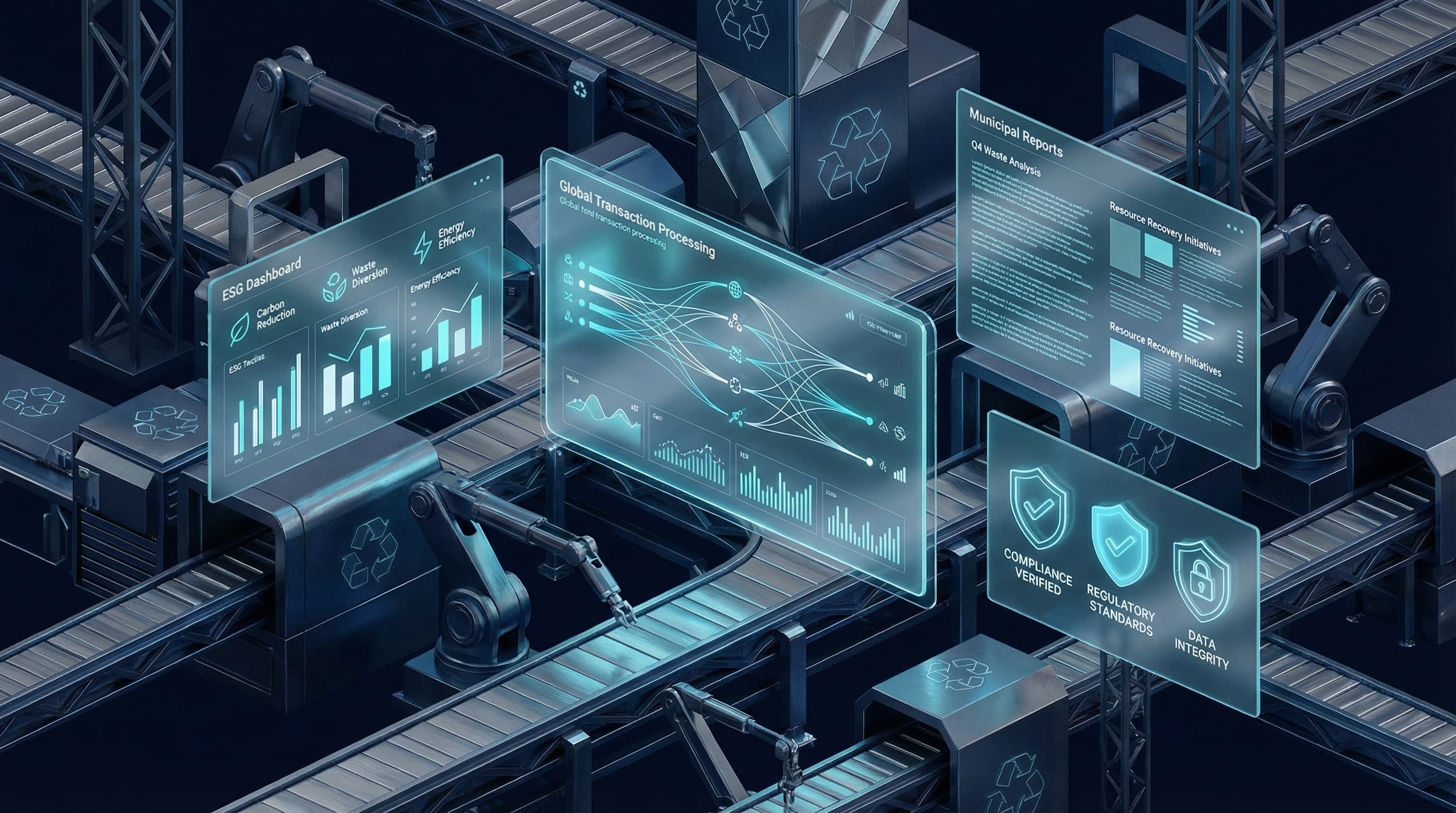 Abstract floating holographic UI panels showing transaction processing, ESG dashboard, and compliance shields
