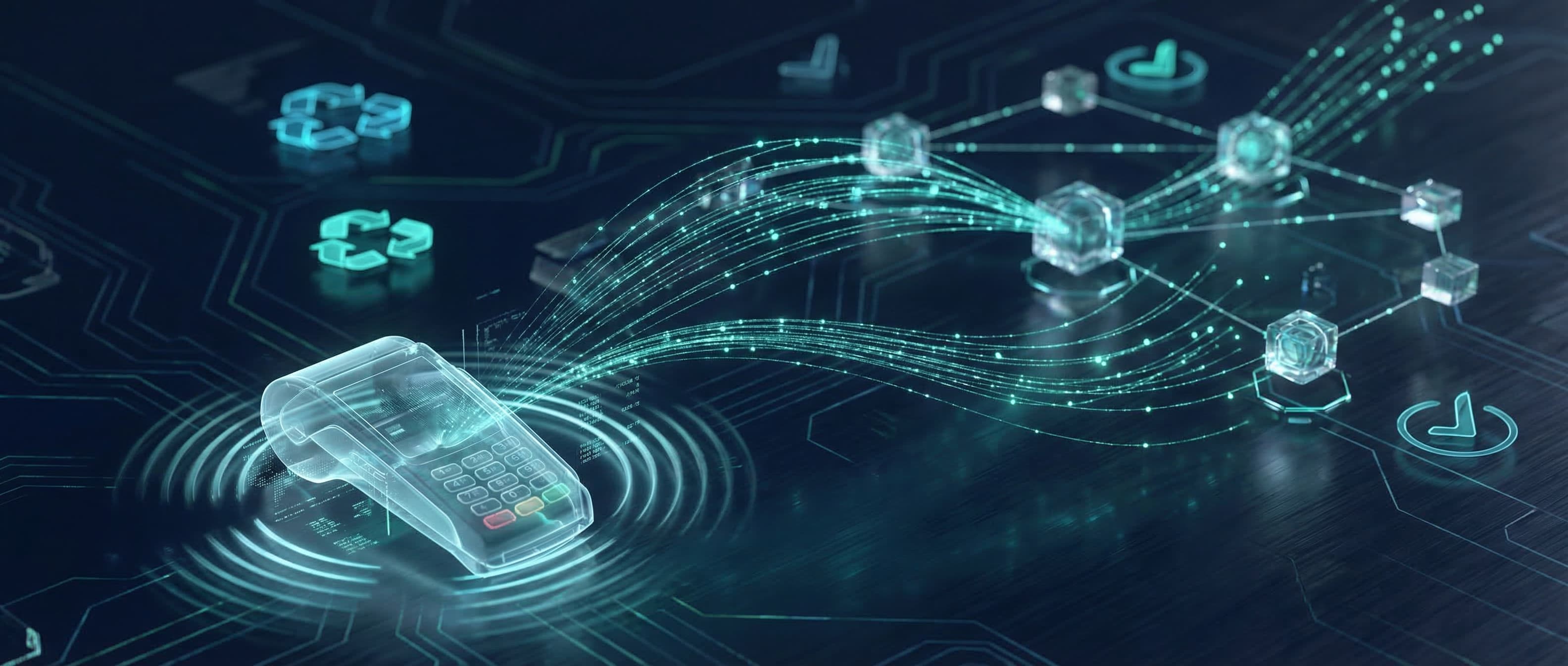 Abstract dark navy technology background with glowing recycling verification elements