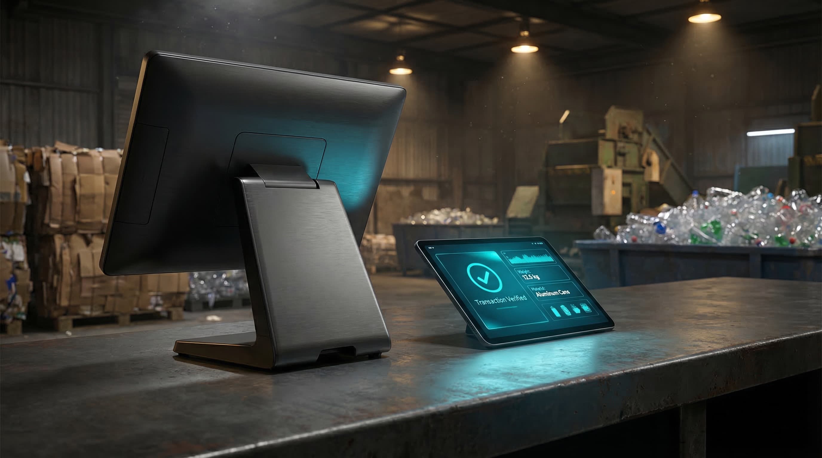 CycleIQ OS point-of-sale interface showing verified recycling transaction processing