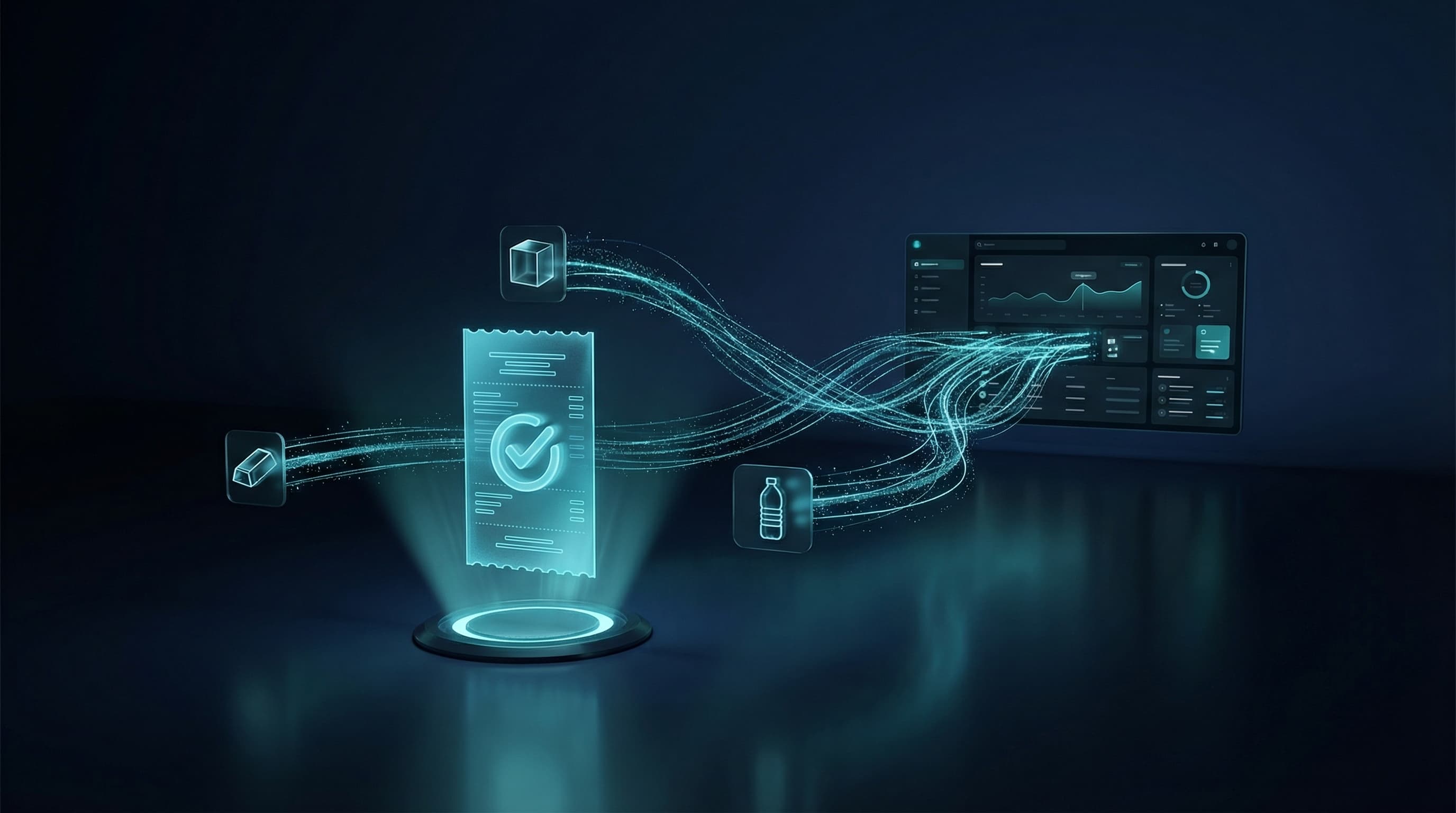 Clean dark navy technology background showing modern digital verification system with glowing cyan receipt hologram and verified checkmark