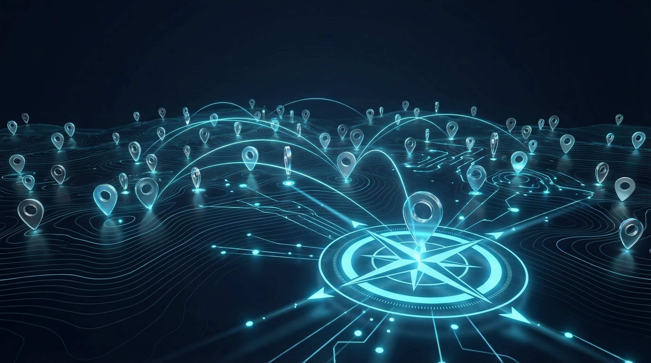 Abstract mobile app discovery visualization with glowing map pins and location markers on dark navy background