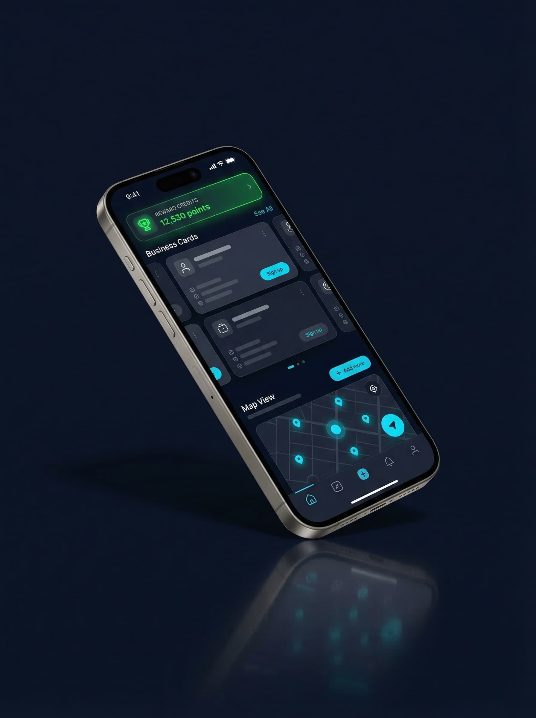 dLoop mobile app screens showing local business discovery, credit earning, and rewards redemption