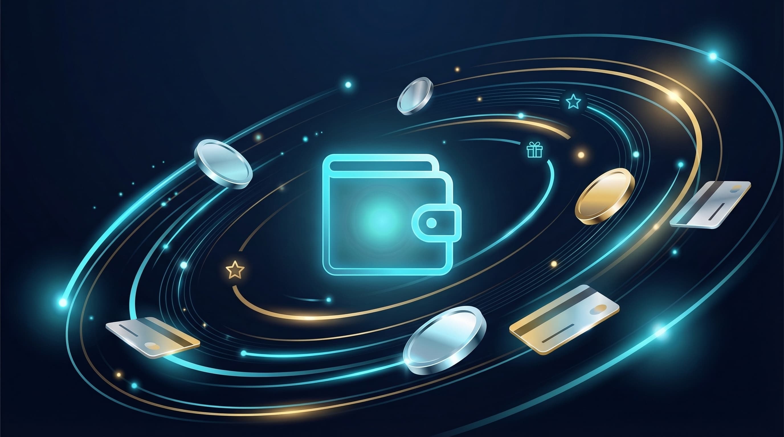 Sleek dark navy illustration of a digital wallet concept with glowing cyan wallet icon and flowing credit tokens