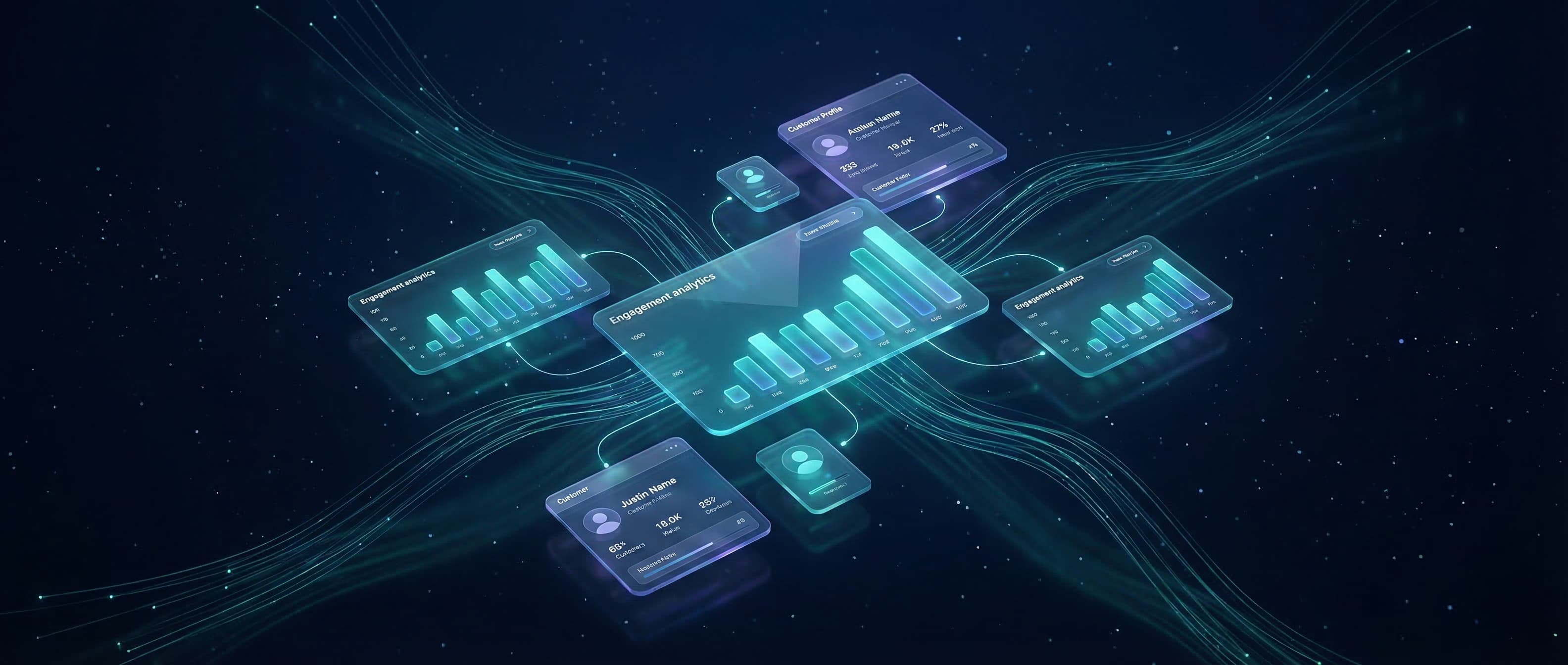 Abstract dark navy technology background with glowing dashboard elements representing business engagement analytics