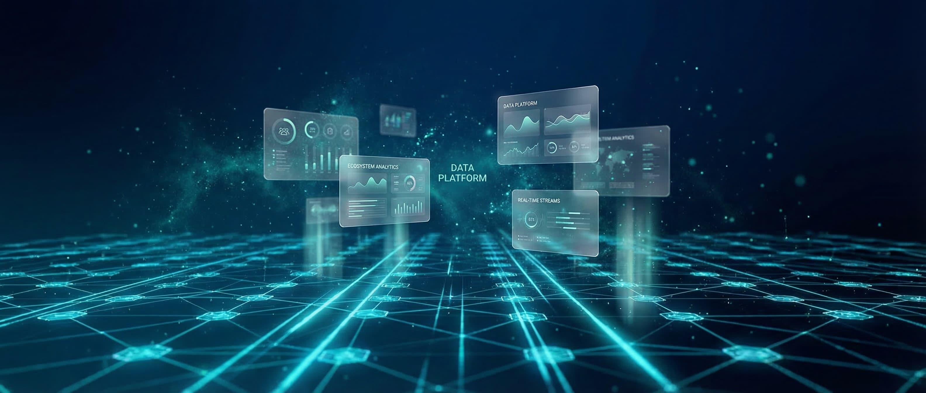 Abstract dark navy technology background with glowing cyan interconnected nodes representing the Nevyo platform ecosystem