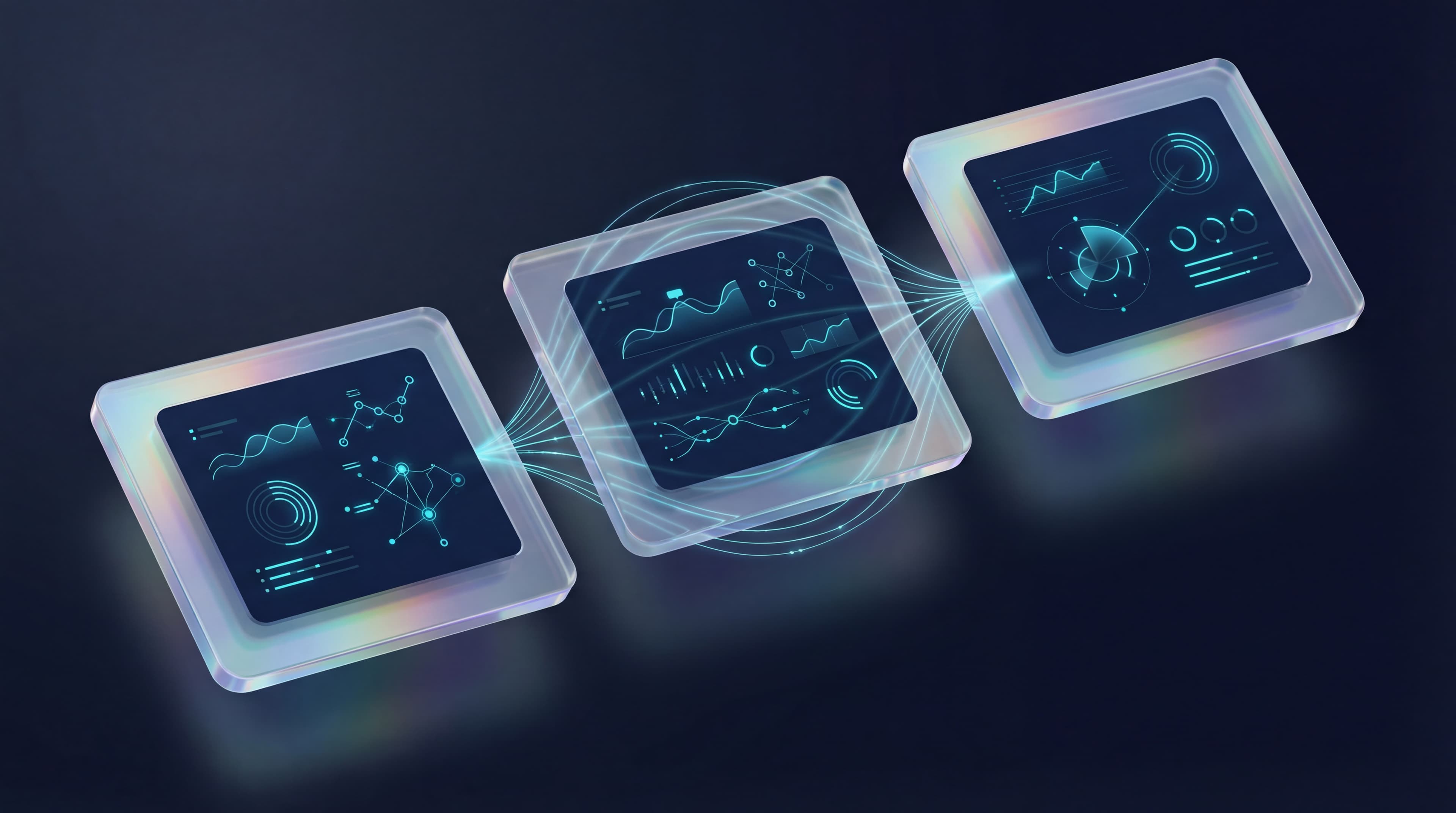 Three interconnected glass dashboard cards showing CycleIQ verification, dLoop consumer identity, and dLoop E&G business intelligence