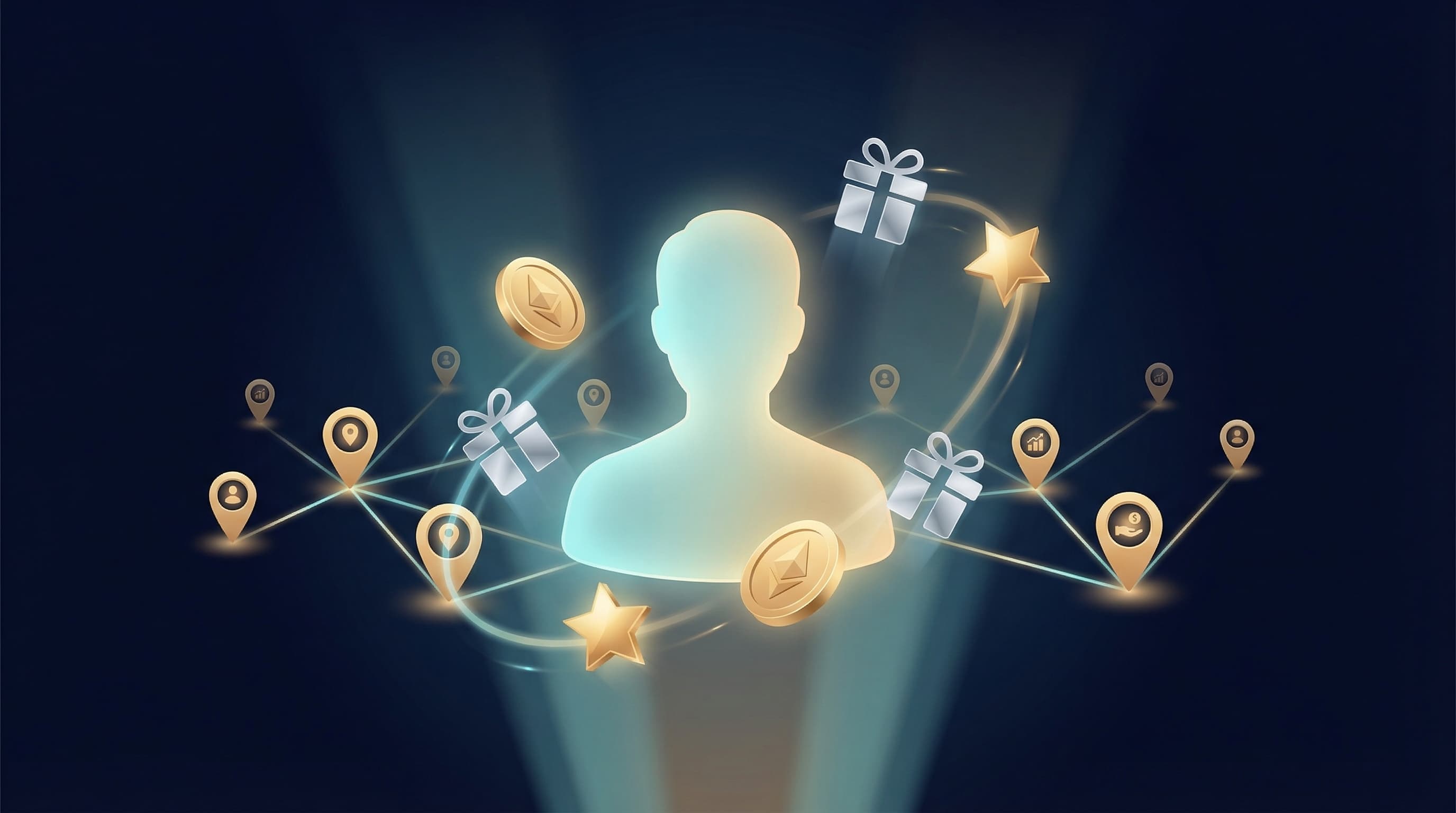 Abstract consumer rewards lifestyle visualization with floating reward coins and loyalty elements