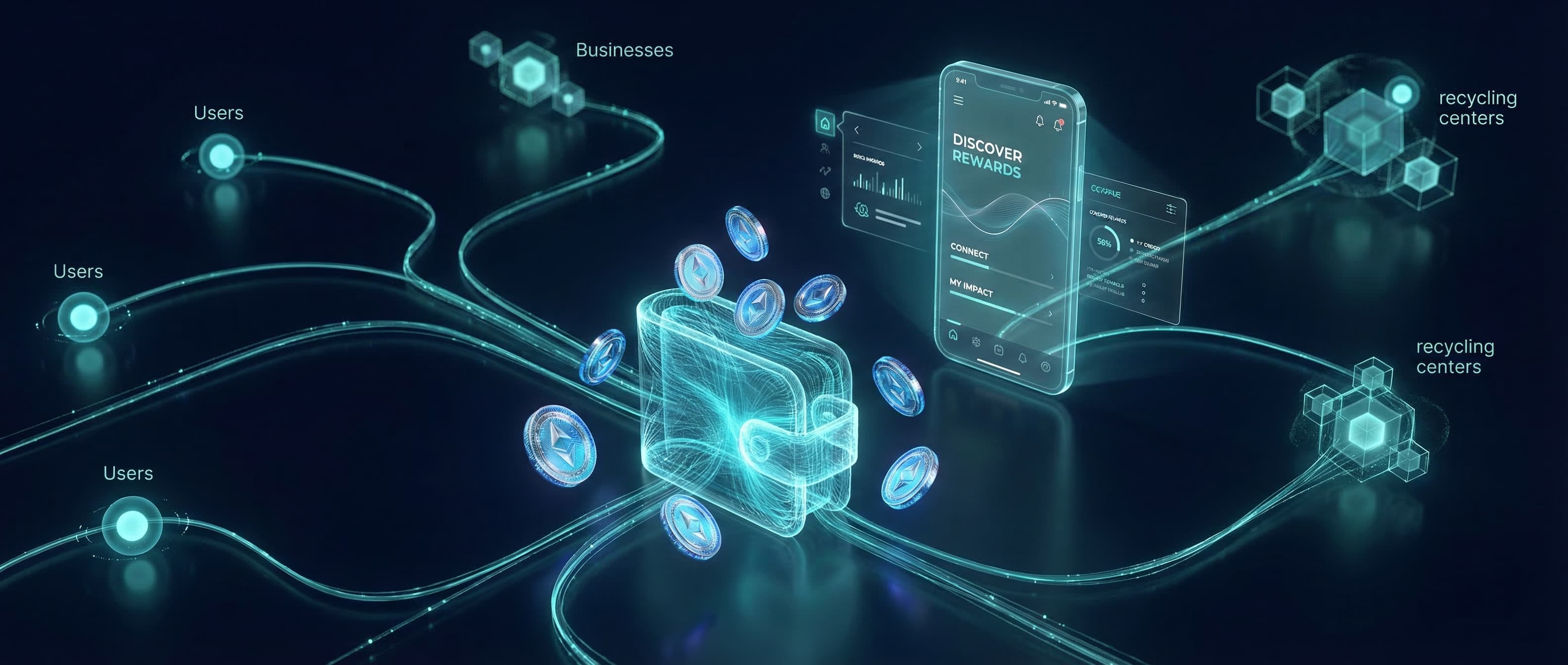 Abstract consumer rewards visualization with floating reward coins and local business connections