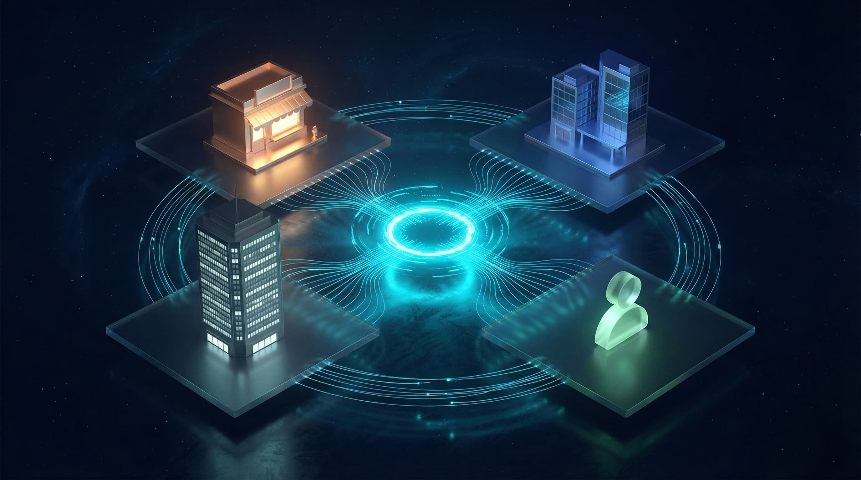 Abstract four-quadrant visualization with storefront, city building, corporate tower, and person icons connected by cyan data lines