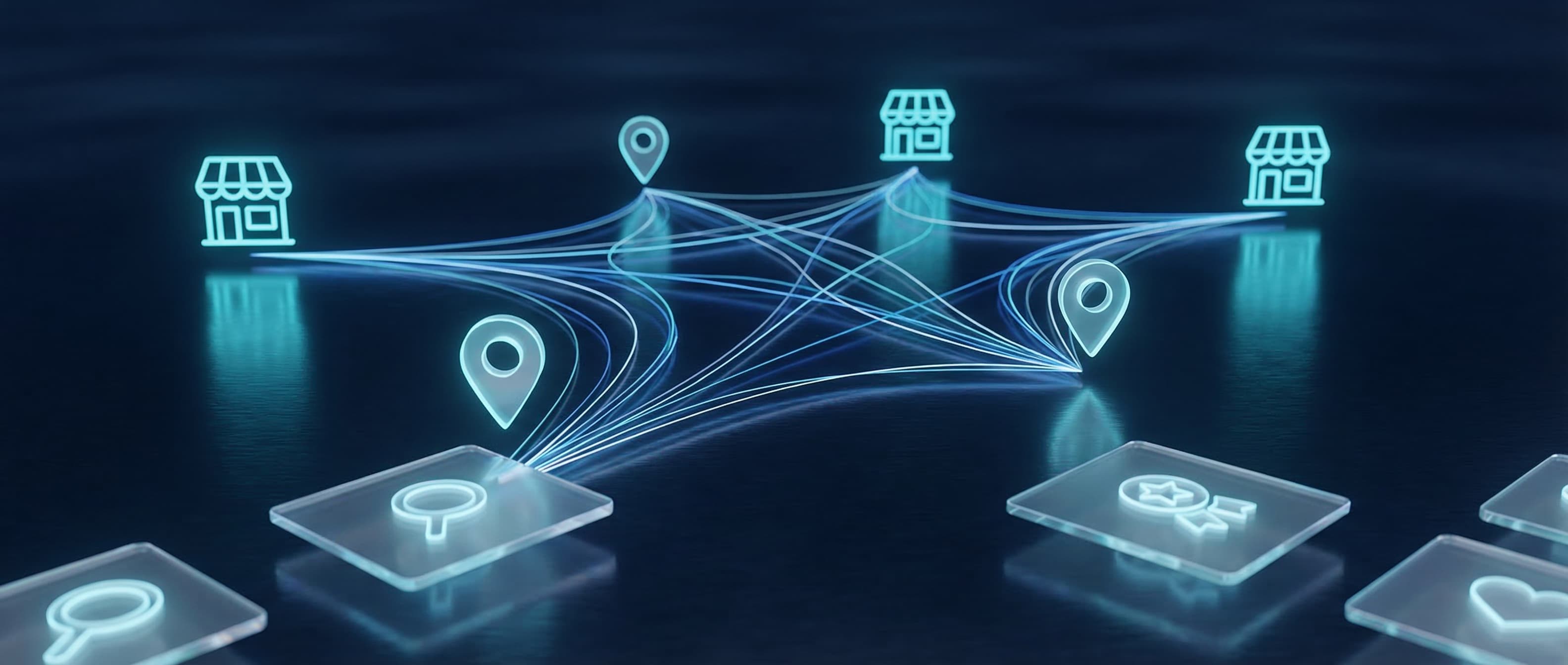 Abstract local business engagement visualization with glowing storefronts and verified data connections