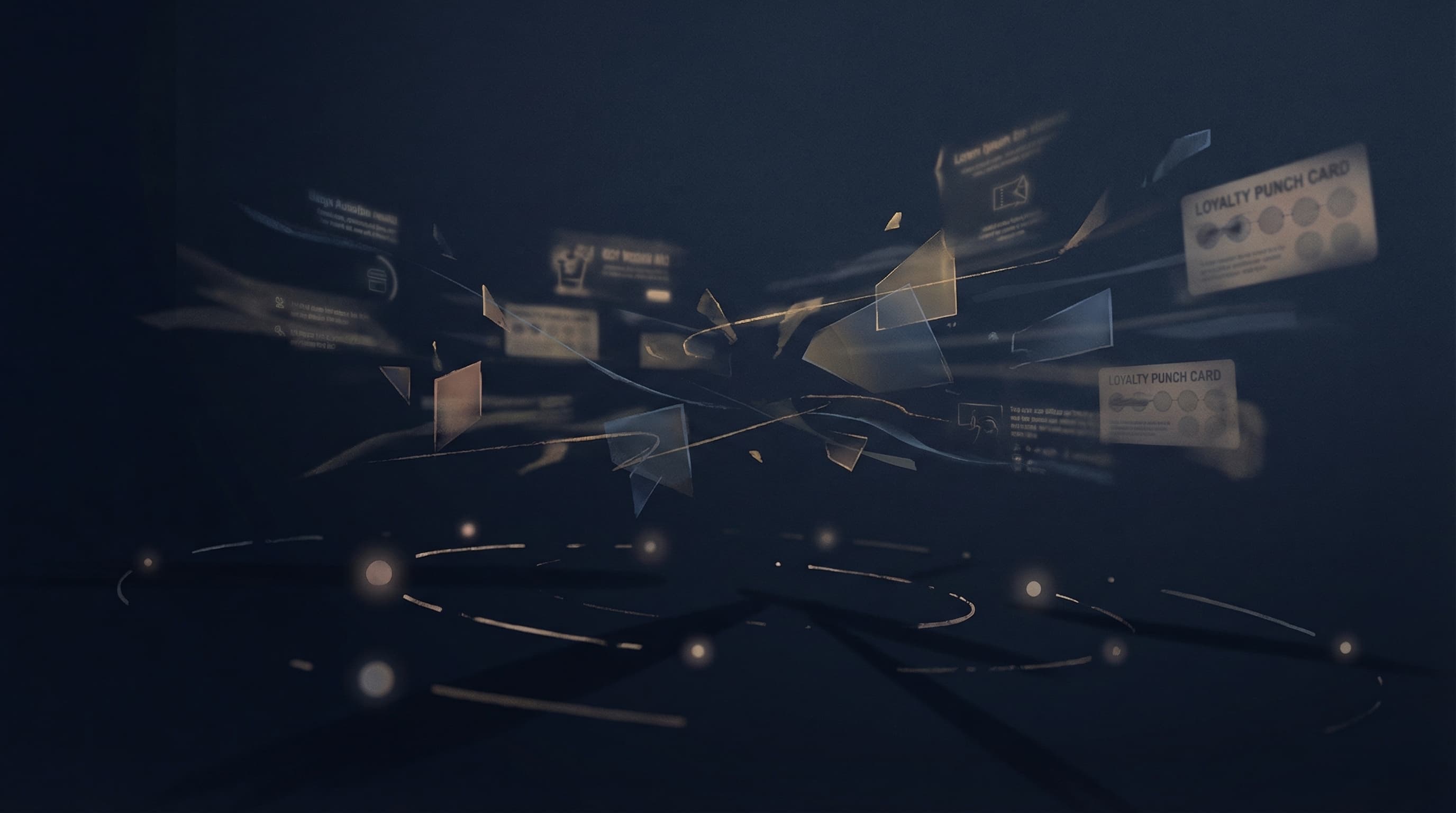 Abstract visualization of disconnected customer touchpoints with scattered ad impressions and fading loyalty cards