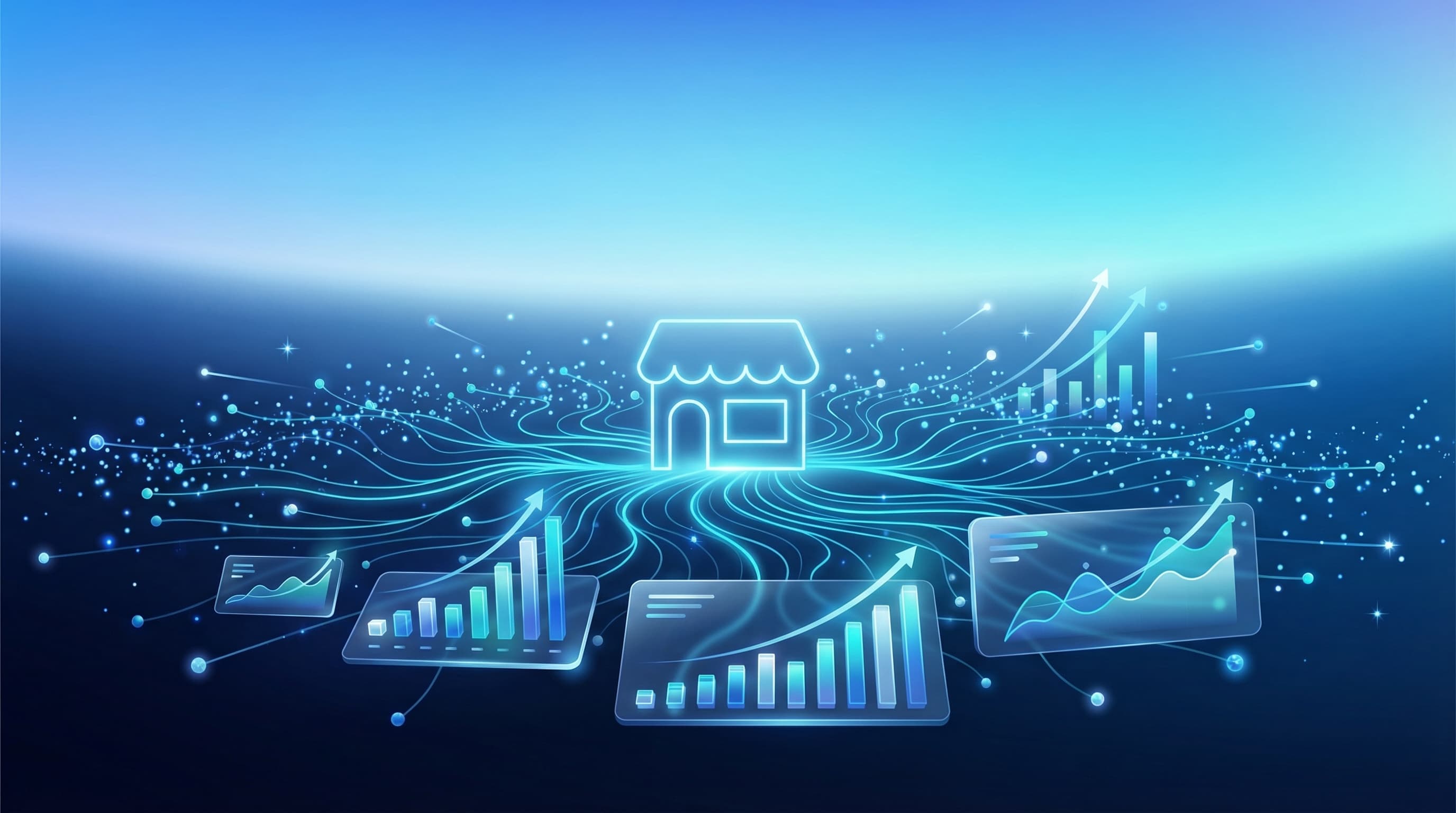Bright optimistic gradient showing thriving local business engagement with glowing customer connection lines and growth trends