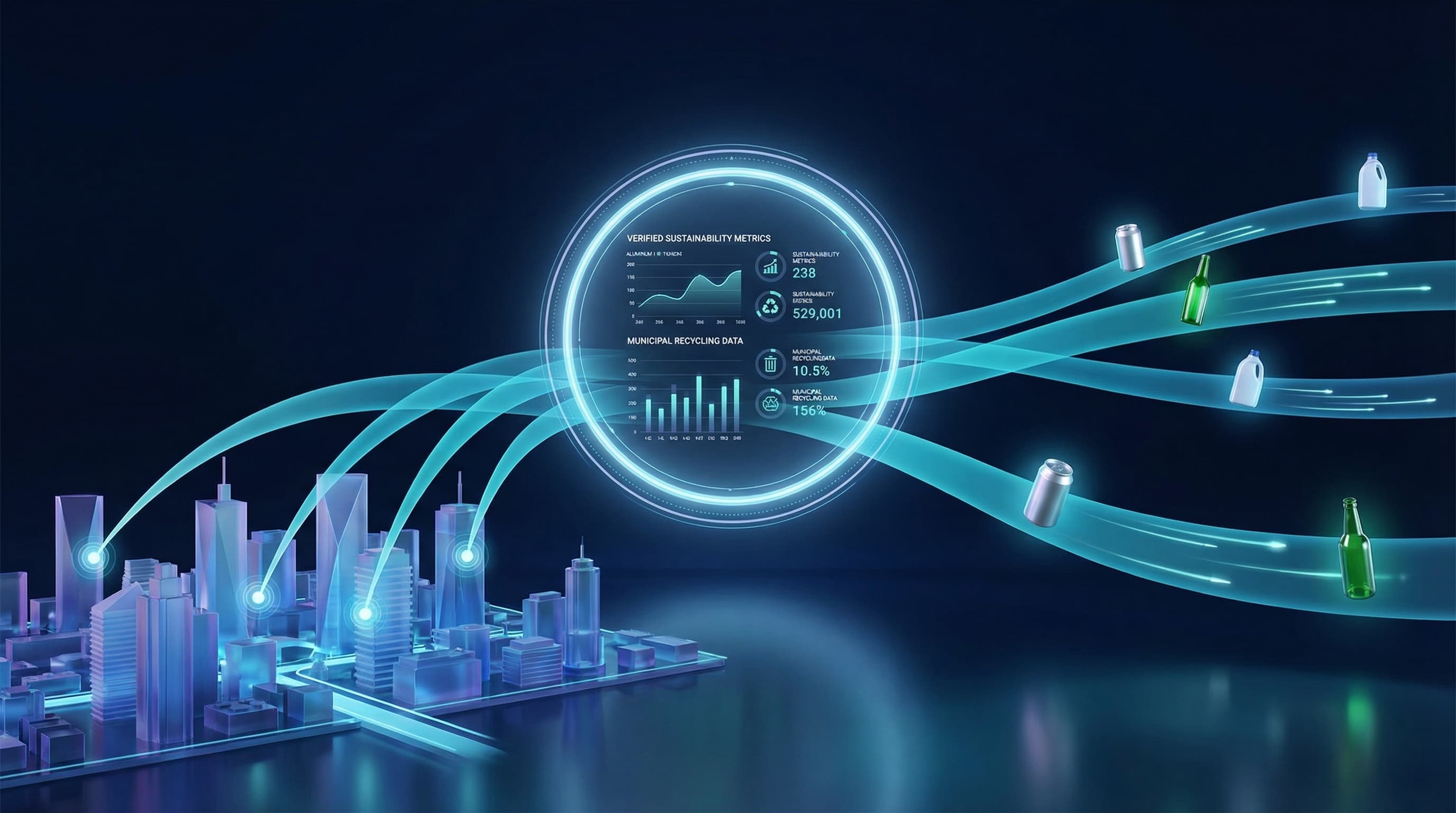 Clean modern city sustainability dashboard with flowing verified recycling data streams in cyan